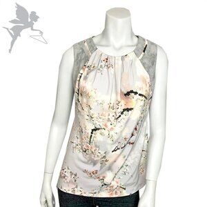 CALVIN KLEIN Cherry Blossom Print Top With Faux Suede Shoulders